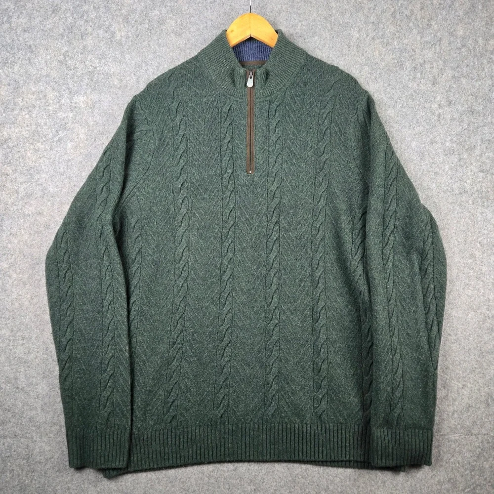 Jos A Bank Reserve Wool Sweater Mens Large Green Cable Knit 1/4 Zip Luxury